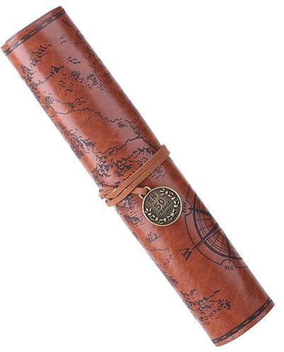 BetterJonny Leder Schlamperrolle, Vintage Schlampermäppchen Retro Stifterolle Rollmäppchen Piraten-Look Federmäppchen mit aufgedruckter Schatzkarte für Herren Damen, Glatte