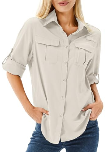 Winebox Women's UPF 50 Shirts Long Sleeve Sun Protection UV Quick Dry Casual Outdoor Safari Walking Fishing Hiking Travel Shirts(Light Khaki-s)