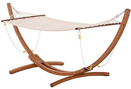Outsunny Hamac avec Support Bois hamac sur Pied extérieur 4 Cordes de sécurité Charge 120 kg pour terrasse, Porche, Patio, Bois Naturel et Blanc