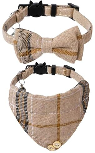 UYRVAPE 2pcs Collares de Gato con Campanas Pañuelo de Pajarita extraíble, Pañuelo de Gato, Pajarita de Perro, Collar de Mascota con Hebilla Seguro de Liberación Rápida para Gatitos Cachorros, marrón