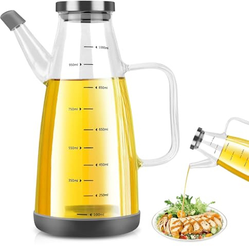 GOEDCH Bottiglia di olio d'oliva da 1 litro: bottiglie di olio di aceto vuote con coperchio superiore in acciaio inox, grande erogatore di olio, bottiglia di olio d'oliva con imbuto, bottiglie di