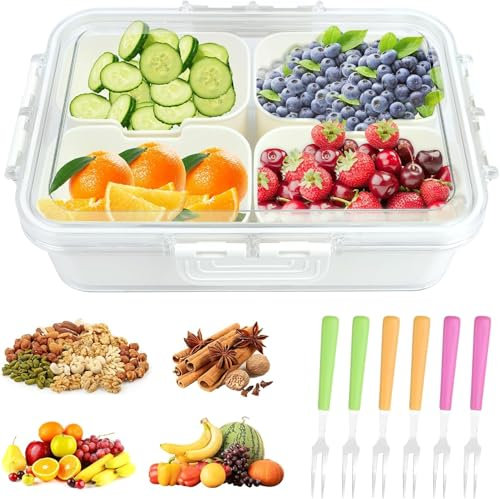 ROTKUSZ Cuenco para Aperitivos con Tapa con 4 Compartimentos Bandejas para Aperitivos con Tapa Caja de Almacenamiento Plato de Aperitivos con Compartimentos para Frutos Secos, Frutas, Especias