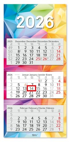 Timr 3-Month Calendar 2026 - Wall Calendar 3 Months with Slider - 70 cm Three-Month Calendar Multilingual D/GB/F/ES I Motif Colourful Rainbow I tr335