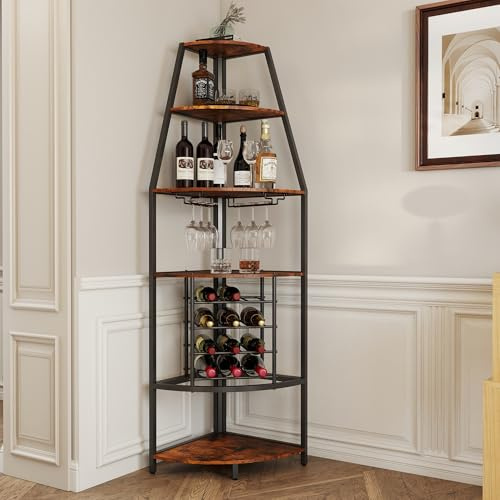 Turosur 5-Tier Corner Wine Rack, Wine Racks Free Standing with Glass Holders and Bottle Wine Storage, Wooden Wine Rack with Storage Shelves, Bar cabinet for Home Kitchen Cellar