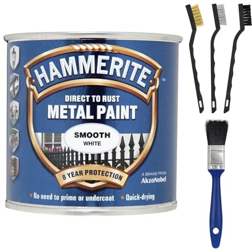 Hammerite Direct to Rust Metal Paint White 250ml – Bundle with 1” Paint Brush & 3x Bristle Brushes – Smooth Finish, Anti-Rust Protection for Gates, Railings, Radiators, Pipes & More