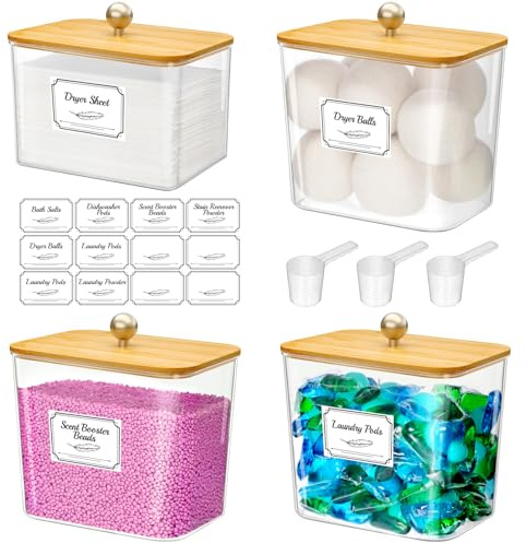 Lifewit Laundry Pods Container with Lid, Dryer Sheet Holder, Room Organization Storage for Coffee Pods Kcup Washing Powder, Scent Booster Beads, 2600 +2000ml/0.53+0.7gal，Natural,4 Pcs
