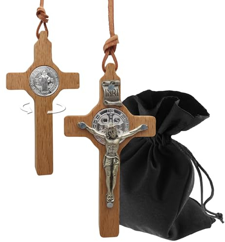 Lunexus Halsband träkors med kropp och benediktus medalj – 8 × 4 cm korshänge av trä med silverfärgad relief, inkl. 60 cm läderband och sammetspåse – välsignad devotional från Italien