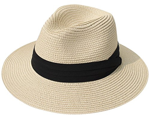 DRESHOW Women Wide Brim Straw Panama Roll up Hat Fedora Beach Sun Hat UPF 50+