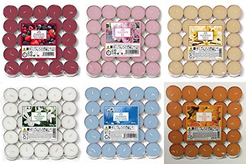 Price's Petali Brand 150 Tea Lights Candles Scented Tealights- 25 x 6 Scents Mixed Pack - Cotton Flowers, Mixed Berries, Citrus, Rose, Lavender & Cinnamon