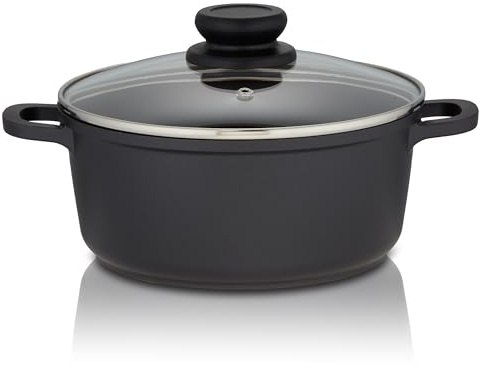 KHG Topf Kochtopf 20 cm Induktion Antihaftbeschichtung 2 Liter | Schwarz Aluminium mit Glasdeckel | Stabile Griffe aus einem Guss | für alle Herdarten geeignet