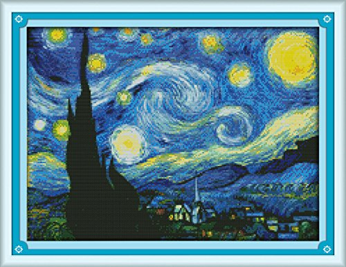 Leczany 14CT DIY stämplat broderikit med korsstygn, komplett sortiment av startkit för nybörjare: Van Goghs stjärnklara natt 46 x 35 cm
