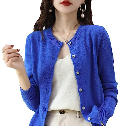 Cárdigan de cachemira para mujer, cuello redondo, suéter de punto suave para primavera, otoño e invierno, manga larga, color liso