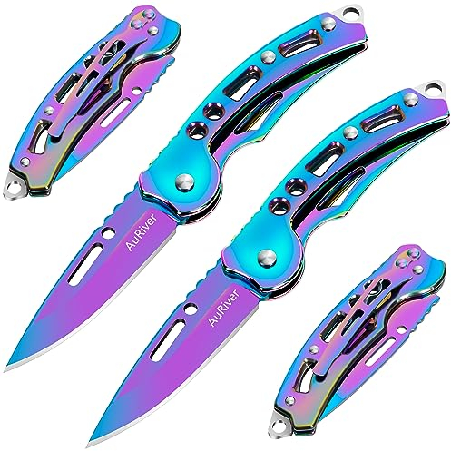 AuRiver 4 Stück Klein Klappmesser, Taschenmesser mit Klappmesser, Messer Taschenmesser, Mini EDC Outdoor Zweihandmesser für Outdoor, Camping, Survival (Bunte)
