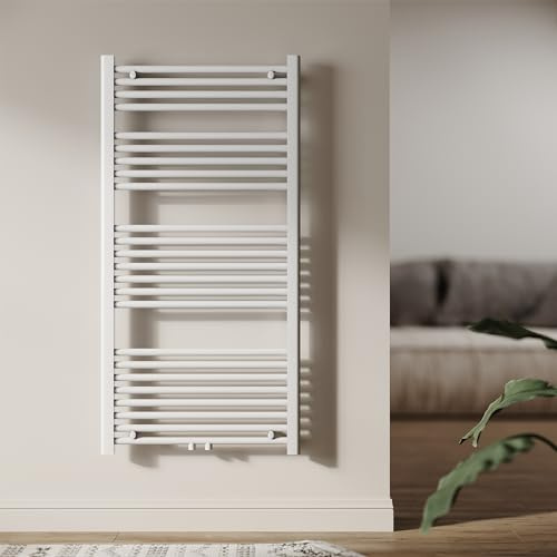 SUNXURY Radiatore da bagno, 1200 x 600 mm, con attacco centrale, tubo rotondo, scaldasalviette, riscaldamento ad acqua calda (587 Watt, bianco)