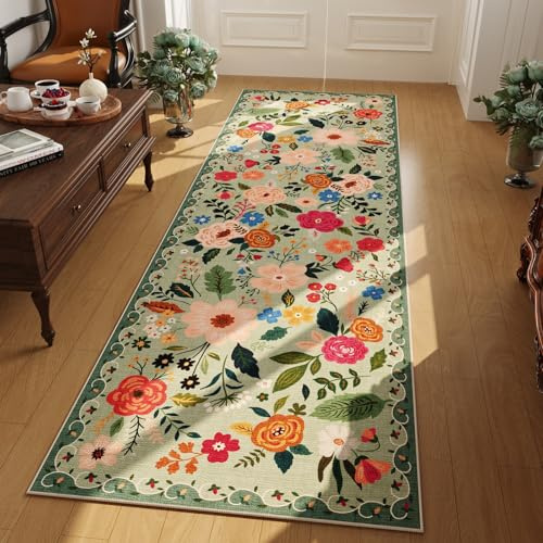 Rugcomf Runner Rug for Hallways Kitchen Rug Non Slip 2'x 6' Washable Rugs with Rubber Backing Soft Floral Carpet Runner for Hallways, Kitchen, Laundry, Bedroom, Bathroom(Green)