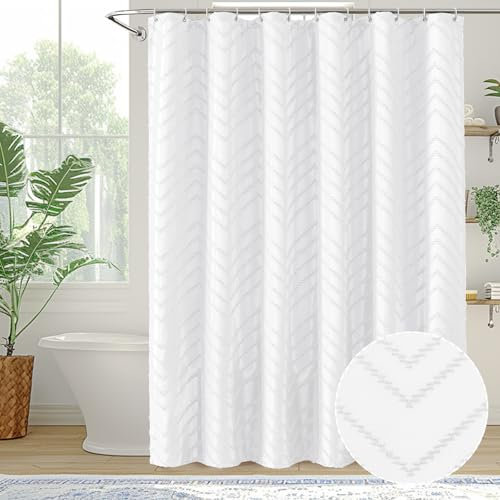 Simplebrand Boho White Shower Curtain Set 182x198 cm (72x78 Inches) With 12 Hooks, Fabric Modern Chic Textured Tufted Chevron Striped Minimalist Hotel Bathroom Curtain