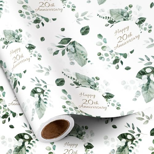 Ruspepa årsdag omslagspapper rulle för make fru – minirulle – eukalyptusblad presentpapper, hapyy 20-årsjubileum papper för årsdag, Kina bröllop, alla hjärtans dag – 43,2 cm x 5 m