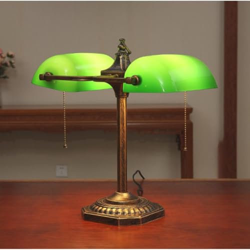 LOGT Traditionell Bankerlampa med Dragströmbrytare Bordslampa 2 Flamma Retro Skrivbordslampa Grön Glas Lampskärm Desk Lampa med Strömbrytare Bordslampor Antik Design Metall Sänglampor