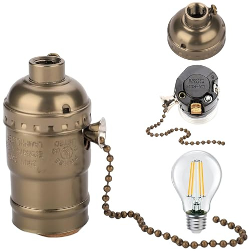 Douille de lampe à chaînette, douille de lampe à filetage avec chaînette traction, support en métal vintage pour ampoules E26 E27, en bronze d