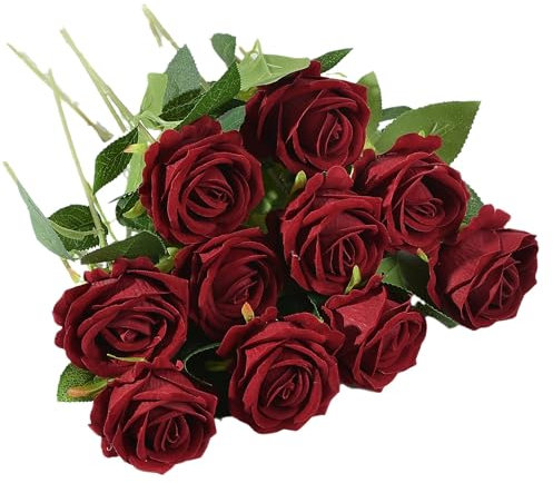 10 PCS Red Artificial Roses, Single Stem Fake Red Roses Silk Flowers, Bridal Wedding Bouquet Realistic Flower for Home Garden Party Arrangment Garden Decoration