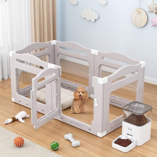 Welpenauslauf aus Acryl 60 cm hoch, 5 PCS +1 Laufstall Hund mit Tür, gitterloser Welpenlaufstall, Hundelaufstall für Wohnung faltbar, Saugnapf, Transparent, Indoor-Hundezwinger für Welpen, Warmgrau