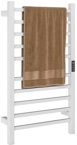 HOMCOM Scaldasalviette Elettrico Smart a 10 Barre con Timer e Display LCD, Portasalviette a Parete in Acciaio Inox, Temperature Regolabile per Bagno, 45x11x80 cm, Bianco