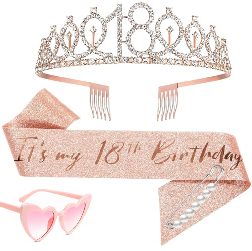 Scinzene Décoration de fête d'anniversaire pour fille - Or rose - Cadeau d'anniversaire pour fille - 2 pièces avec couronne et lunettes - Décoration d'anniversaire de 18 ans - Parfait pour les fêtes