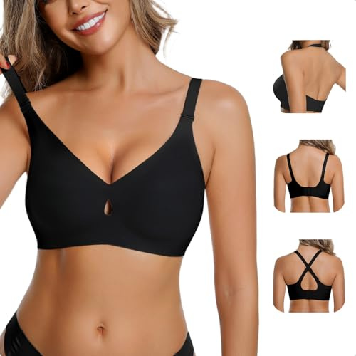 LUCKMEEY Bras for Women No Underwire Wireless Bras Removable Straps (U/Halter/Cross) Push Up Seamless T-Shirt Bra Black L