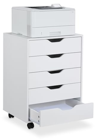 Relaxdays Mesa Impresora, 5 Cajones, 66,5x48x39,5 cm, Cajonera Oficina con Ruedas, Mueble Archivador Despacho, Blanco