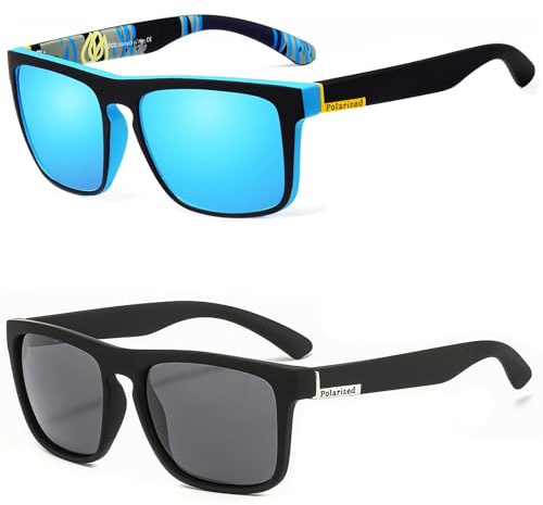 Teouuas 2 Pièces Lunettes de Soleil Polarisées, Lunette de Soleil Homme Femme, UV400 Protection Rétro, Lunette Polarisante Peche Lunettes Cadre Ultraléger pour Conduite Sport Outdoor (Noir, Bleu)