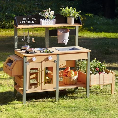 ROBUD Kids Mud Kitchen, Wooden Toy Kitchen with Real Faucet, Planting Box, Insect Observation, Storage Shelves, Pretend Play Outdoor Toys Gifts for Girls Boys Age 3+, Natural Wood