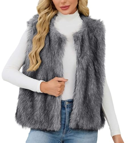 HAOLEI Chaleco Pelo Mujer Cuello Redondo Chaquta Mujer Sin Mangas de Piel Sintético Gruesa Cálido Chalecos Exteriores de Felpa Doble Cara Elegante Frente Abierto Cárdigan Moda Versátil Faux Fur Gilet