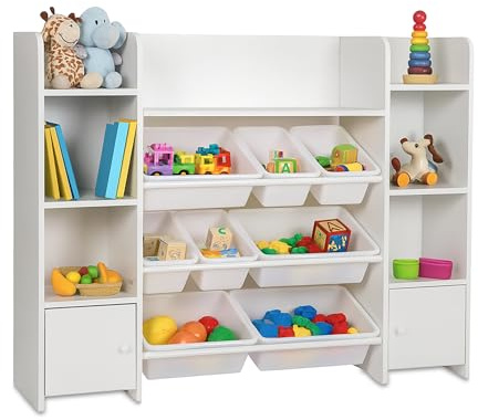 Scaffale per Bambini Relaxdays Grande, 8 scatole, 14 Scomparti, HxLxP: 94x139x30 cm, scaffale Giocattoli, Bianco