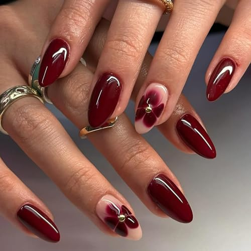 Ceboic 24 Pezzi Francese Unghie Finte, Corte Rosso Press on Nails, Mandorla Naturali Acrilico Stampa sulle Unghie, Fiore Artificiali Riutilizzabile Unghie a Pressione per Ragazze Donna DIY Manicure