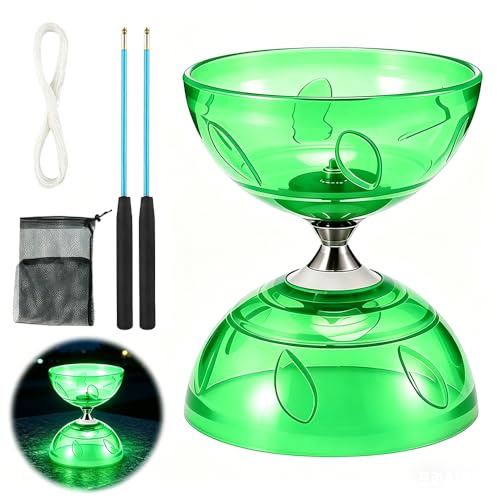 LED Diabolo med kullager, 4,5 mm DiaBolo frilöpare med kullager trippel förvaringsset, Diablo jongleringsleksak med jongleringsbollar, jongleringsbollar barn för nybörjare proffs (grön)
