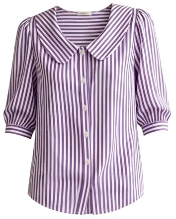 Camisa Abotonada a Rayas para Mujer - Mezcla de algodón y Lino, Cuello Peter Pan, Camiseta de 3/4 Mangas; Resistente a Las Arrugas y sin Planchar