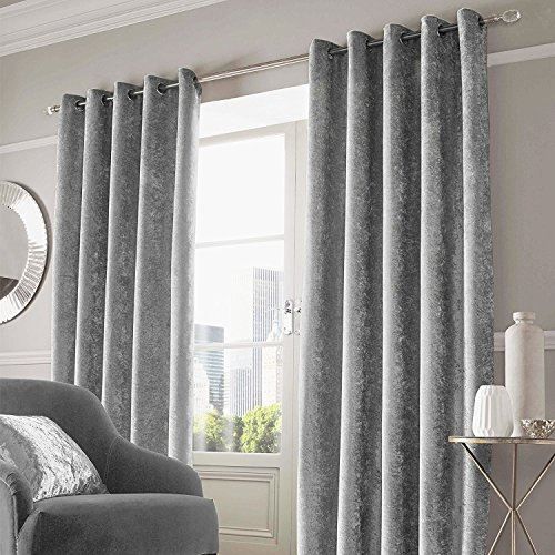 Readymade Fancy Crushed Velvet Grey Silver Eyelet Ring Top Pair of Curtains Fully Lined Curtains [Width 66 X Drop 54] - Two Panels of Curtain Right and Left