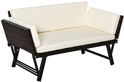Outsunny Divano 2 Posti con Braccioli Estensibili da Giardino Rattan 129x63x67cm Bianco, Marrone