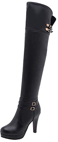 LOVOUO Mode Botte Haute Femme Cuissarde Talon Aiguille Haut Plateforme avec Boucle Stiletto Thigh High Heels Boots Sangle Chaussure Fermeture Eclair Hiver(Noir,37)
