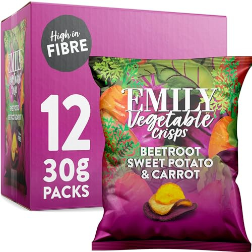 EMILY Veg Crisps Rainbow Roots | All Natural Vegetable Crisps | No Added Sugar, High Fibre | Vegan Friendly | Perfect for Snacking & Parties | 12 x 30g Packets