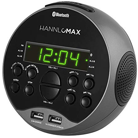 HANNLOMAX HX-129CR Alarm Clock Radio. PLL FM Radio, 0.6 Green LED Display, Bluetooth, USB Ports for 2.4A & 1A Charging/MP3 Playback (Grey)