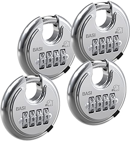 BASI | Rundbügelschloss 4er Set | mit Zahlenschloss Zahlenkombination 4-stellig | massiver Edelstahlkorpus | Kneifschutz | gehärteter Stahlbügel | Vorhängeschloss | Bügelstärke 9,5 mm | 4 Stück