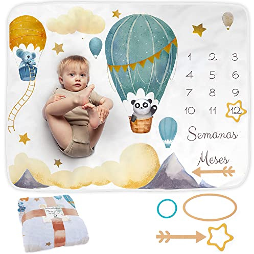 ODOXIA Manta Meses Bebé En Español | Manta Bebe Personalizada, Unisex | Tema Globo | Regalo Personalizado De Nacimiento para Nuevas Mamás | Manta Mensual Bebe | Incluye Marcos