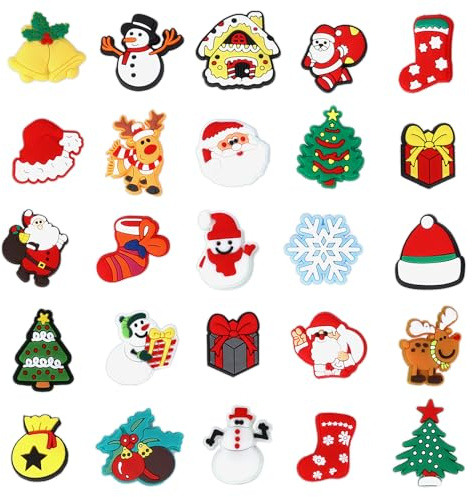 25PCS Charmes de Chaussures à Thème Noël, Santa Wapiti Cloche CLOG Charmes pour Crocs Sandales à Sabots, Xmas PVC Breloques de Chaussures, Cadeau de Fête pour Garçons Filles Enfants