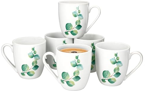 MamboCat Eucalyptus Lot de 6 tasses à café I 340 ml, hauteur 10,5 cm I Gobelets en porcelaine blanche avec anse pour 6 personnes I Tasses avec décor de plantes vertes pour boissons chaudes comme le