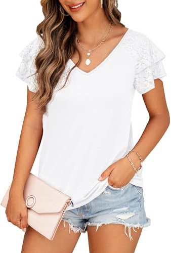 QIXING Women's Summer Tops Short Sleeve Blouses Double Lace Ruffle V Neck Ladies T Shirts Tunic Tops for Women UK(White,XL)