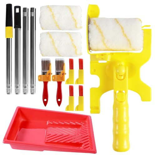 Foppla Kit de pinceaux pour bordure de peinture murale avec tige d'extension et plateau - Ensemble de pinceaux de séparation des couleurs pour porte et fenêtre (rouge + jaune)