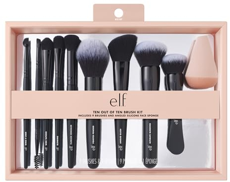e.l.f. Ten Out Of Ten Brush Set, set di 10 pennelli per make-up viso, occhi, sopracciglia e altro, realizzati con setole sintetiche, prodotto vegano e non testato sugli animali