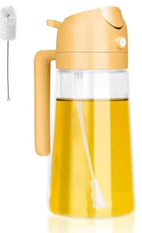 Distributeur Huile d'Olive en Verre 2 en 1, Distributeur d'huile de 470ml, Vaporisateur d'huile et de Vinaigre, Pulvérisateur d'huile avec Brosse, Bouteille Huile pour Cuisson Salade Pain (Orange)