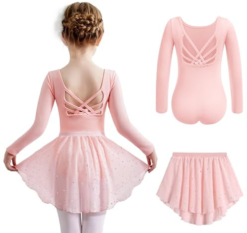 Arshiner Mädchen Ballettkleidung Baumwolle Ballettkleid Langarm Balletttrikot Kinder Tanzkleid Kleinkind Balllett Tanzbody mit Pailletten Ballettrock Rosa 140/5-6 Jahre